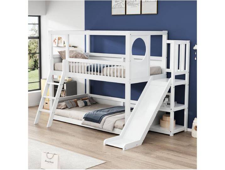 Etagenbett (2 x 90 x 200 cm) mit Regalen, Rutsche und Leiter – Kiefernholz + MDF – Weiß (ohne Matratze) von Kauf-Unique Marketplace