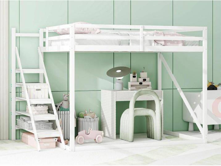 Etagenbett 140x200 cm aus massivem Kiefernholz – mit Treppe und Leiter – Grau von Kauf-Unique Marketplace