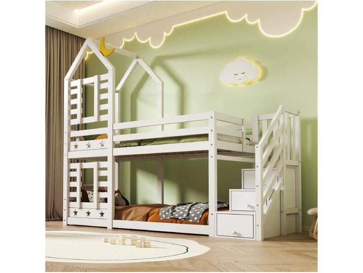 Etagenbett 2 x 90 x 200 cm mit 3 Schubladen und Treppe - Massivholz und MDF - 2 x Lattenrost - weiß von Kauf-Unique Marketplace