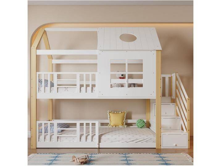 Etagenbett 2 x 90 x 200 cm mit Fenster und Dach - 3 Schubladen - Kiefer + MDF - Weiß + Natur von Kauf-Unique Marketplace