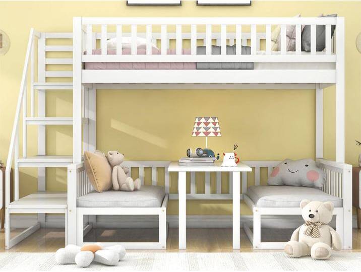Etagenbett 90 x 200 cm + 120 x 200 cm mit Treppe und verstellbarem Couchtisch, Sofafunktion, Gestell Kiefer, Weiß von Kauf-Unique Marketplace