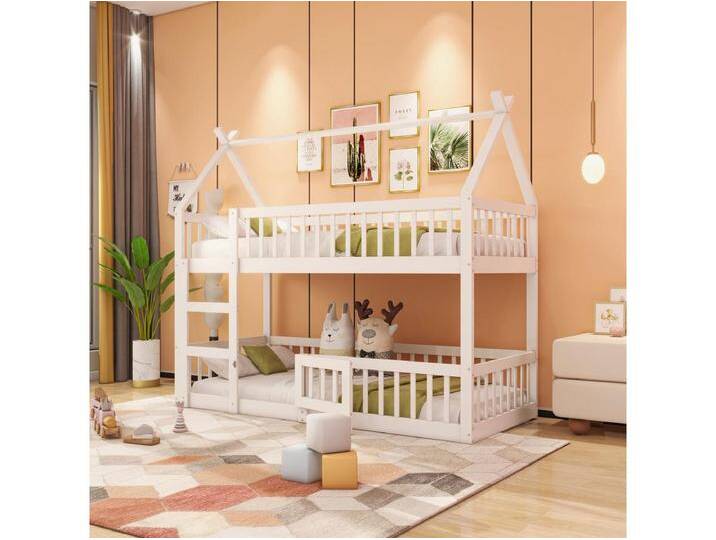 Etagenbett 90 x 200 cm - Kinderbett mit Treppe und Barrieren - Unteres Etagenbett mit Tür - Weißes Holz Etagenbett 90 x 200 cm - Kinderbett mit Treppe und Barrieren - Unteres Etagenbett mit Tür - Weißes Holz von Kauf-Unique Marketplace