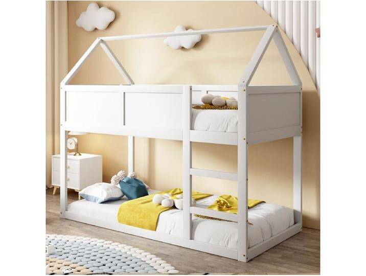 Etagenbett 90 x 200 cm – Kinderbett mit Treppe und Holzrahmen – Weiß – ohne Matratze Etagenbett 90 x 200 cm – Kinderbett mit Treppe und Holzrahmen – Weiß – ohne Matratze von Kauf-Unique Marketplace