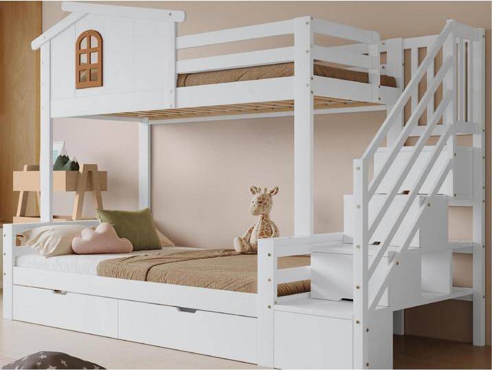 Etagenbett 90×200 cm - mit 2 Schubladen - mit Fenstern - Treppe mit Stauraum - Massivholz + MDF - weiß (ohne Matratze) von Kauf-Unique Marketplace