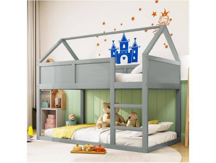 Etagenbett 90x200cm, Kinder-Hochbett mit Treppe und 1x Lattenrost oben, Massivholzrahmen, Holz grau von Kauf-Unique Marketplace