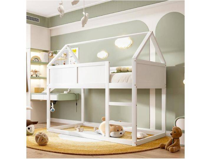 Etagenbett 90x200cm, Kinder-Hochbett mit Treppe und 1x Lattenrost oben, Massivholzrahmen, Holz weiß Etagenbett 90x200cm, Kinder-Hochbett mit Treppe und 1x Lattenrost oben, Massivholzrahmen, Holz weiß von Kauf-Unique Marketplace