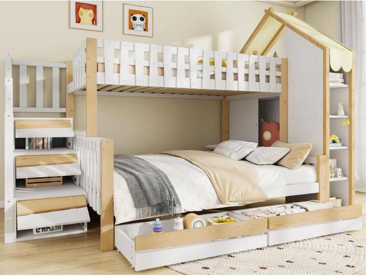 Etagenbett 90x200cm + 140x200cm - mit Leiter - 2 Schubladen - mit Stauraum - Weiß + Natur Etagenbett 90x200cm + 140x200cm - mit Leiter - 2 Schubladen - mit Stauraum - Weiß + Natur von Kauf-Unique Marketplace