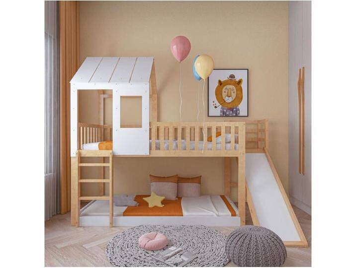 Etagenbett 90x200cm - Kinder-Hochbett mit Leiter, Rutsche, Dach und Fenster - Absturzsicherung - Bett Kiefer Natur + Weiß von Kauf-Unique Marketplace