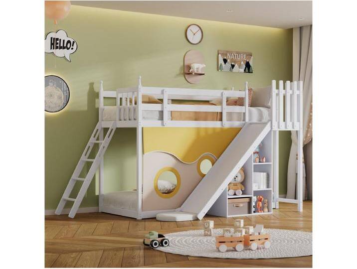 Etagenbett 90x200cm - Kinderbett aus Holz mit Leiter, Zäunen, Bettvorhang, Rutsche und Ablagefläche - Weiß von Kauf-Unique Marketplace