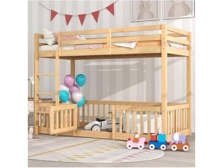 Etagenbett 90x200cm - Kinderbett mit Treppe und kleinen Türen, Rausfallschutz und Massivholzbarrieren - Natur Etagenbett 90x200cm - Kinderbett mit Treppe und kleinen Türen, Rausfallschutz und Massivholzbarrieren - Natur von Kauf-Unique Marketplace