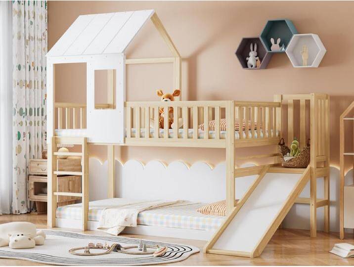 Etagenbett 90x200cm aus Massivholz – mit Leiter und Rutsche – Lattenroste – Natur von Kauf-Unique Marketplace