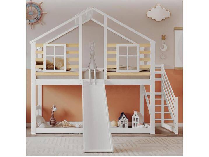 Etagenbett 90x200cm aus massivem Kiefernholz – mit Treppe und Rutsche – Weiß von Kauf-Unique Marketplace