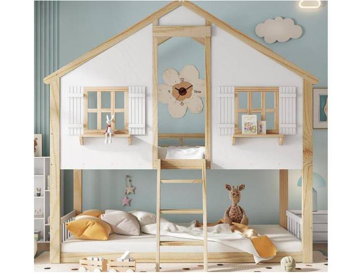 Etagenbett 90x200cm - mit Leiter und Geländer - mit Fenstern und Hausform - Massivholz + MDF - Weiß + Natur Etagenbett 90x200cm - mit Leiter und Geländer - mit Fenstern und Hausform - Massivholz + MDF - Weiß + Natur von Kauf-Unique Marketplace
