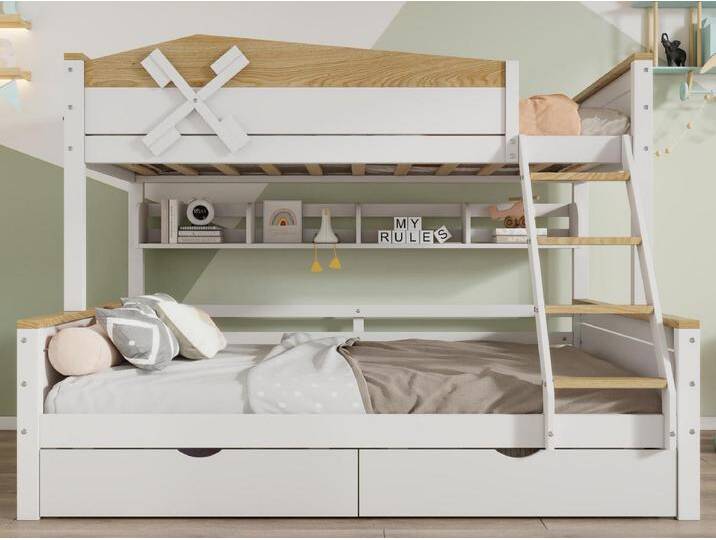 Etagenbett 90x200cm & 140x200cm – mit Leiter, Regalen und 2 Schubladen – Kiefernholz und MDF – Weiß Etagenbett 90x200cm & 140x200cm – mit Leiter, Regalen und 2 Schubladen – Kiefernholz und MDF – Weiß von Kauf-Unique Marketplace