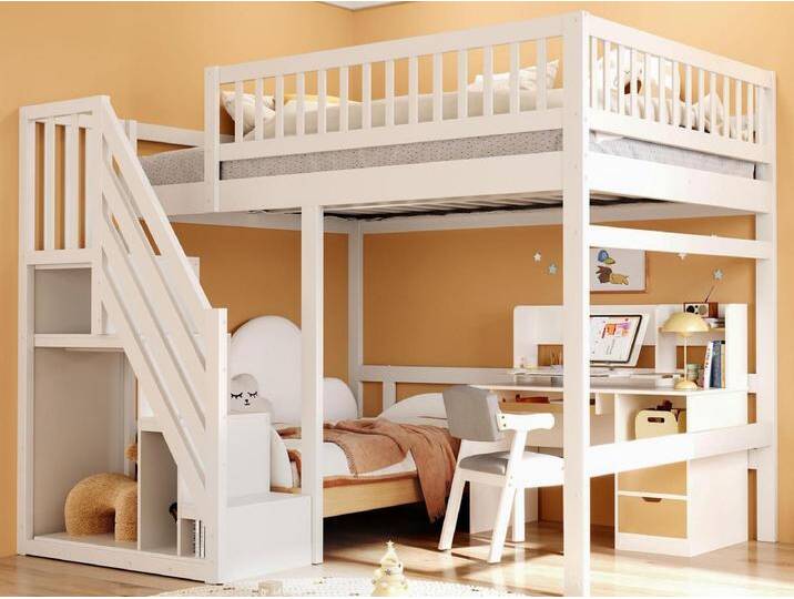 Hochbett 140x200cm - mit Treppe mit Stauraum - Massivholz + Sperrholz + MDF - Weiß von Kauf-Unique Marketplace