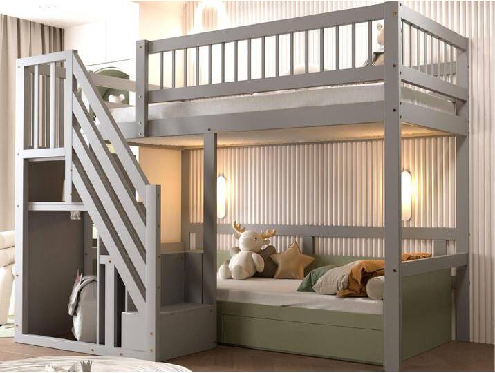 Hochbett 90x200cm - mit Treppe mit Stauraum - Massivholz + Sperrholz + MDF - Grau von Kauf-Unique Marketplace