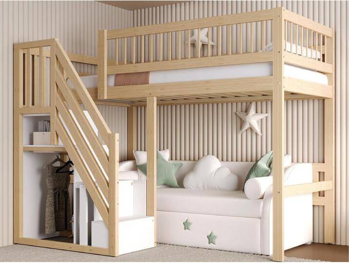 Hochbett 90x200cm - mit Treppe mit Stauraum - Massivholz + Sperrholz + MDF - Natur von Kauf-Unique Marketplace