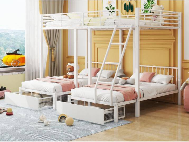 Etagenbett für 3 Kinder mit 2 Schubladen – 140 x 200 cm und 2 x 90 x 200 cm – Matratzenrahmen – Weiß (Matratze nicht im Lieferumfang enthalten) von Kauf-Unique Marketplace
