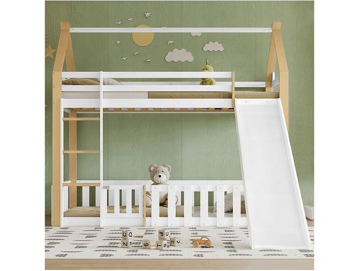 Etagenbett für Kinder 90 x 200 cm mit Rutsche, Geländer, Leiter, weiß + Natur Etagenbett für Kinder 90 x 200 cm mit Rutsche, Geländer, Leiter, weiß + Natur von Kauf-Unique Marketplace
