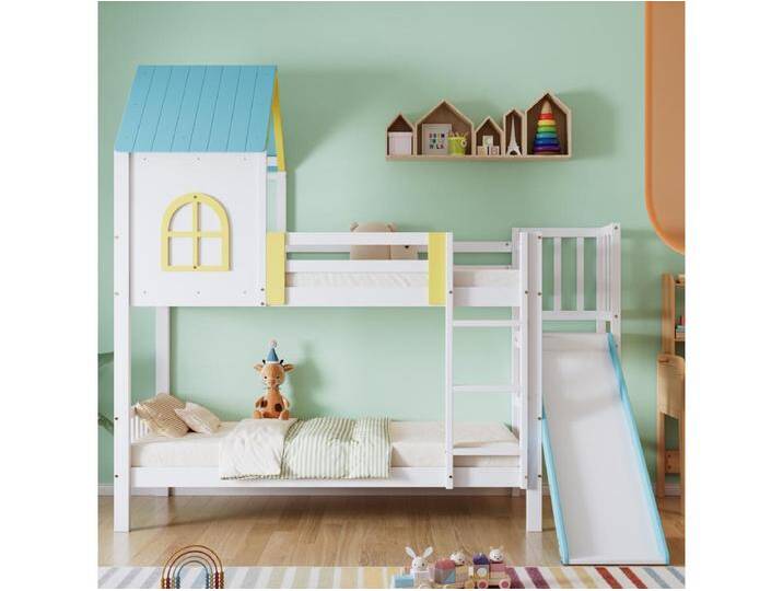 Etagenbett für Kinder 90x200 cm, mit Dach, Fenster, Schienen, Rutsche, weiß + blau von Kauf-Unique Marketplace
