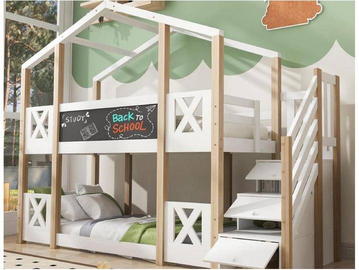 Etagenbett im Hausstil aus massivem Kiefernholz 90x200cm - mit Absturzsicherungen + Aufbewahrungslleiter + schwarze Tafel - Natur & Weiß Etagenbett im Hausstil aus massivem Kiefernholz 90x200cm - mit Absturzsicherungen + Aufbewahrungslleiter + schwarze Tafel - Natur & Weiß von Kauf-Unique Marketplace