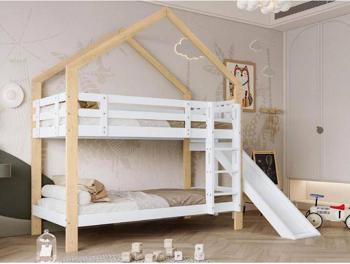 Etagenbett mit Rutsche und Leiter - Massivholzrahmen - 90x200 cm - Weiß Etagenbett mit Rutsche und Leiter - Massivholzrahmen - 90x200 cm - Weiß von Kauf-Unique Marketplace