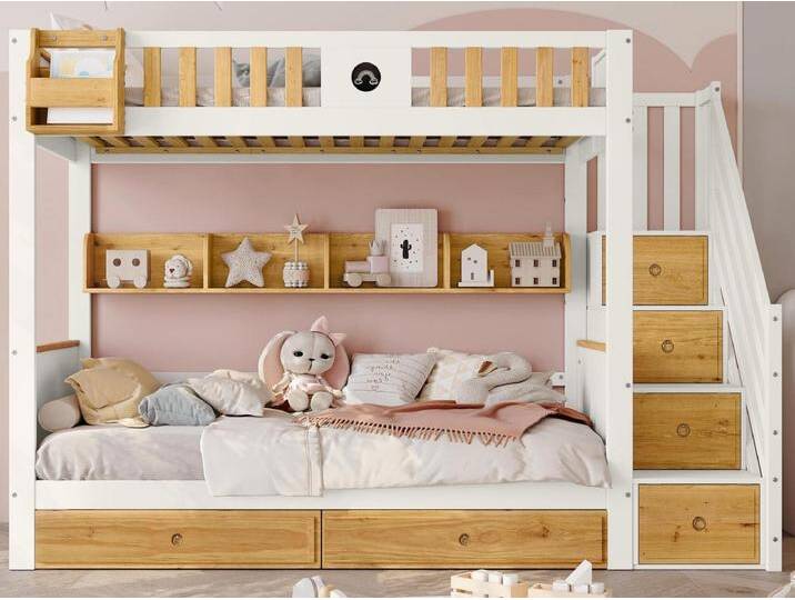 Etagenbett mit Stauraumtreppe – 90 x 200 cm – 4 Schließfächer auf der Treppe und 2 Schubladen unter dem Bett – mit Lattenrost – Weiß von Kauf-Unique Marketplace