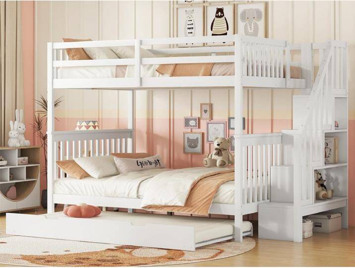 Etagenbetten 2 x 140 x 200 cm mit Ausziehbett 90 x 190 cm – Treppenregal – MDF-Holz – Weiß von Kauf-Unique Marketplace