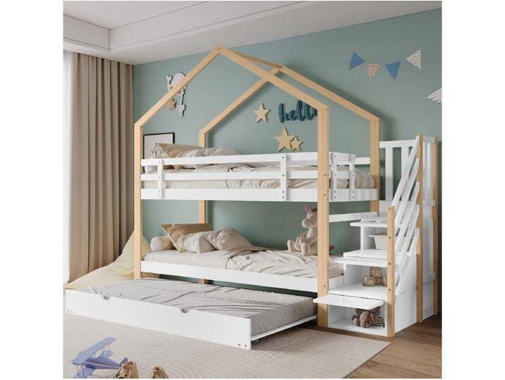 Etagenbetten 2 x 90 x 200 cm mit Ausziehbett 90 x 190 cm, mit 4 Schubladen und Treppe, Massivholz + MDF, weiß Etagenbetten 2 x 90 x 200 cm mit Ausziehbett 90 x 190 cm, mit 4 Schubladen und Treppe, Massivholz + MDF, weiß von Kauf-Unique Marketplace