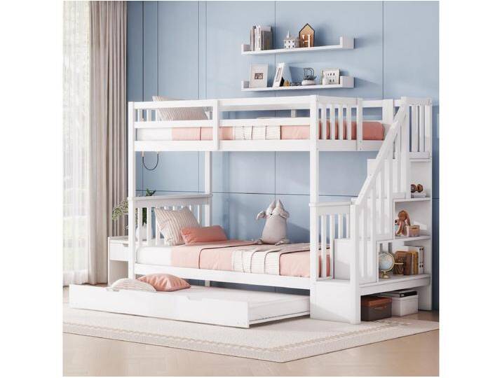 Etagenbetten 2 x 90 x 200 cm mit Ausziehbett 90 x 190 cm – Treppenregal – MDF-Holz – Weiß von Kauf-Unique Marketplace