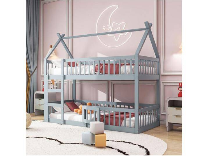 Etagenbetten 2 x 90 x 200 cm mit Tür und Barrieren – MDF-Holz – Lattenrost – Grau von Kauf-Unique Marketplace