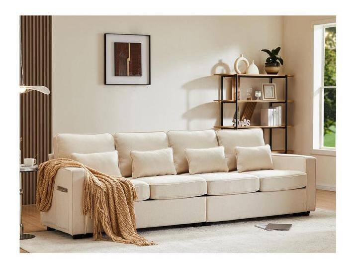 Festes 4-Sitzer-Sofa aus Leinenstoff – mit Taschen an den Seiten – Beige von Kauf-Unique Marketplace