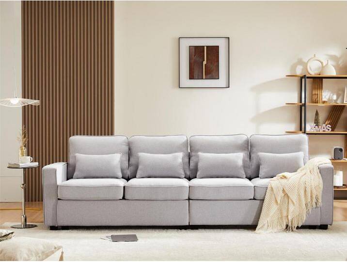 Festes 4-Sitzer-Sofa aus Leinenstoff – mit Taschen an den Seiten – Hellgrau von Kauf-Unique Marketplace