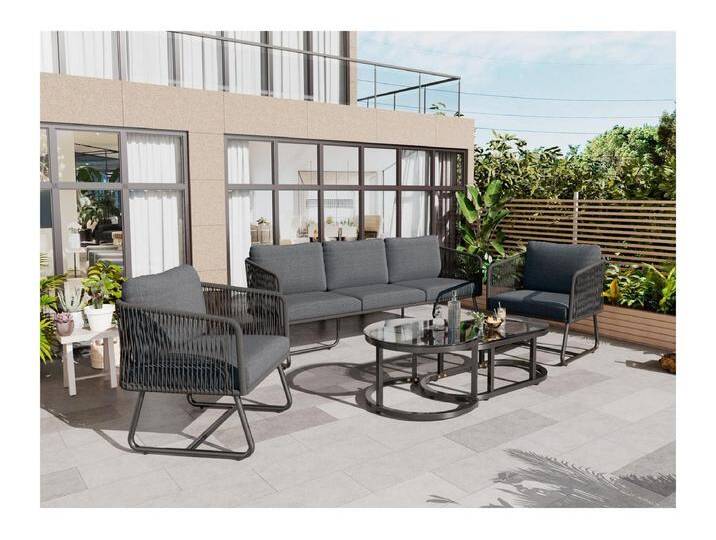 Gartenmöbel-Set aus verzinktem Eisen und Seil – Sofa, 2 Sessel und 2 Satztische – Grau von Kauf-Unique Marketplace