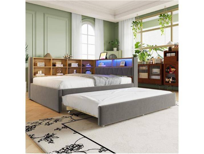 Gepolstertes Ausziehsofa - 140 x 200 cm + 90 x 190 cm - LEDs und Steckdosen - mit Stauraum - Flanellstoff - Hellgrau von Kauf-Unique Marketplace