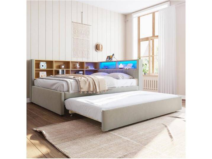 Gepolstertes Ausziehsofa - 140 x 200 cm + 90 x 190 cm - LEDs und Steckdosen - mit Stauraum - Flanellstoff - Hellgrau von Kauf-Unique Marketplace