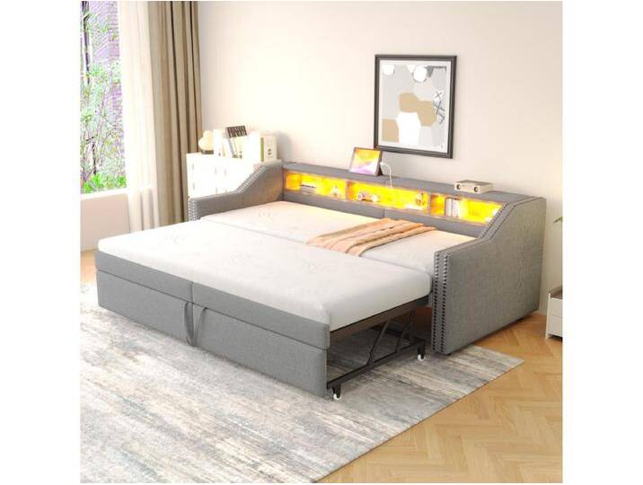 Gepolstertes Ausziehsofa – 90/180 x 200 cm – mit Stauraum + LEDs + USB-Anschluss – Leinen + Metall + Sperrholz + MDF – Hellgrau von Kauf-Unique Marketplace