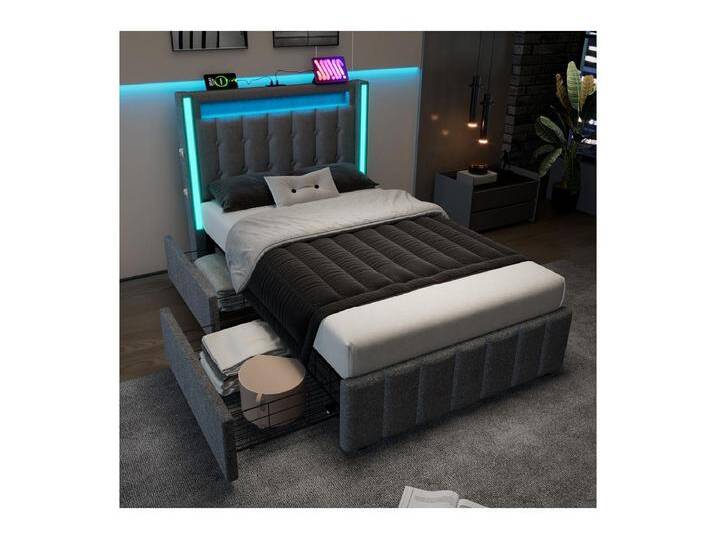 Gepolstertes Bett 90x200 cm mit 2 Schubladen, LED + USB-Anschlüsse + Type C, Leinenstoff - Grau (ohne Matratze) von Kauf-Unique Marketplace