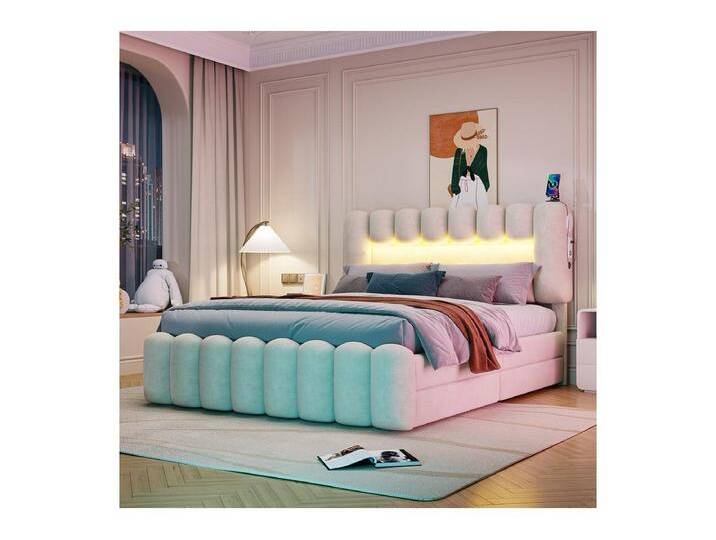 Gepolstertes Bett aus beigem Samt - 160x200cm - 4 Schubladen + LED + USB + Lautsprecher - verstellbares Kopfteil Gepolstertes Bett aus beigem Samt - 160x200cm - 4 Schubladen + LED + USB + Lautsprecher - verstellbares Kopfteil von Kauf-Unique Marketplace