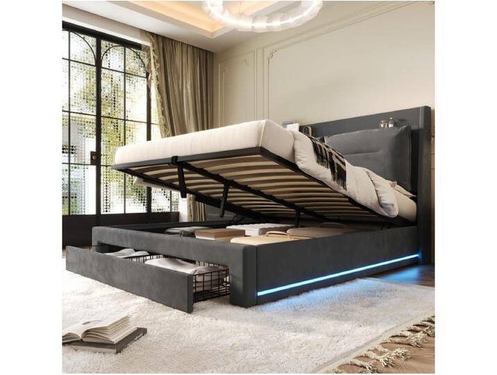 Gepolstertes Bett mit LED-Beleuchtung, 140 x 190 cm, 2-in-1-Schubladen am Fußende Gepolstertes Bett mit LED-Beleuchtung, 140 x 190 cm, 2-in-1-Schubladen am Fußende von Kauf-Unique Marketplace