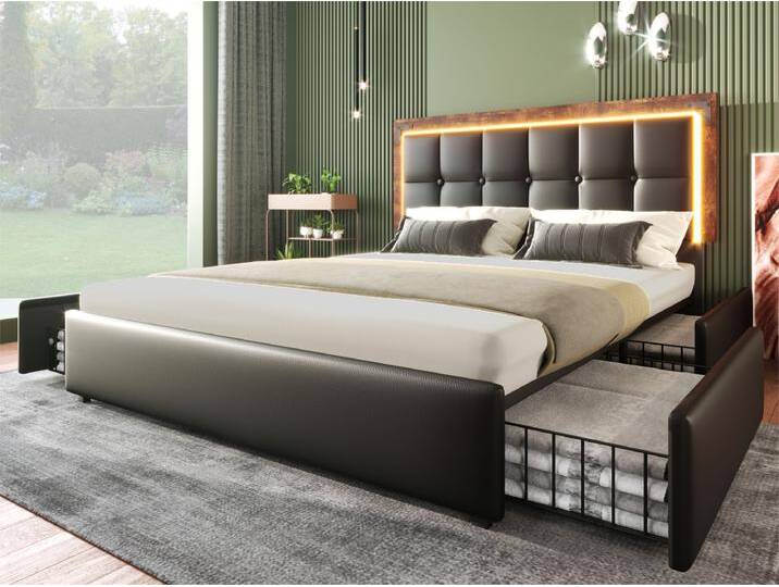 Gepolstertes Bett mit LED und 4 Schubladen - 140x200 cm - Höhenverstellbares Kopfteil - in schwarzem Kunstleder von Kauf-Unique Marketplace