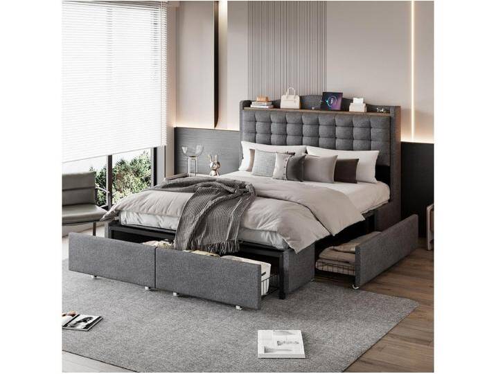 Gepolstertes Bett mit Stauraum – 140 x 200 cm – Nachttisch mit USB + Stauraum + 4 Schubladen – Leinen + Metall + MDF – Grau Gepolstertes Bett mit Stauraum – 140 x 200 cm – Nachttisch mit USB + Stauraum + 4 Schubladen – Leinen + Metall + MDF – Grau von Kauf-Unique Marketplace