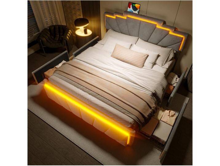 Gepolstertes Bett mit Stauraum - 140 x 200 cm - mit Kopfteil + LEDs + USB Typ-C + 4 Schubladen - Samt - Grau Gepolstertes Bett mit Stauraum - 140 x 200 cm - mit Kopfteil + LEDs + USB Typ-C + 4 Schubladen - Samt - Grau von Kauf-Unique Marketplace