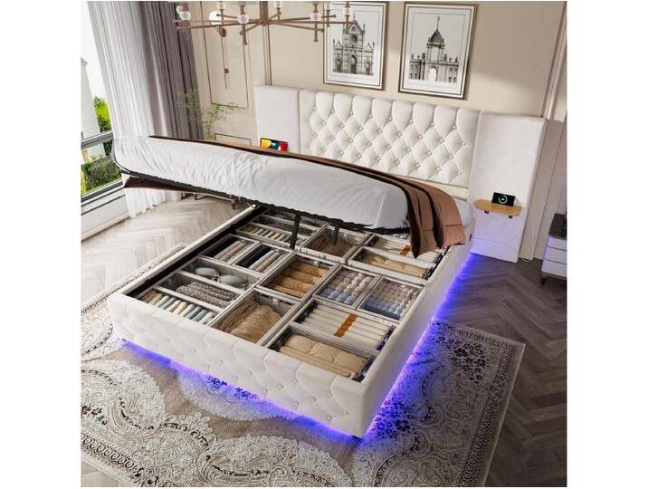 Gepolstertes Bett mit Stauraum – 140 x 200 cm – mit breitem Kopfteil + LEDs + USB-Anschluss – hydraulischer Stauraum – Samt – Beige von Kauf-Unique Marketplace