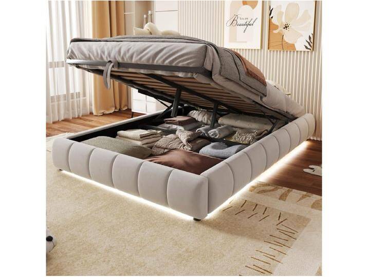 Gepolstertes Bett mit Stauraum - 140 x 200 cm - ohne Kopfteil - mit LEDs - Samt + Sperrholz + MDF - beige Gepolstertes Bett mit Stauraum - 140 x 200 cm - ohne Kopfteil - mit LEDs - Samt + Sperrholz + MDF - beige von Kauf-Unique Marketplace