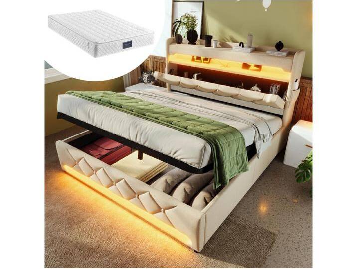 Gepolstertes Bett mit Stauraum - 160 x 200 cm - Kopfteil mit USB + Typ-C + LEDs - hydraulischer Stauraum - mit Matratze - Leinen - Beige Gepolstertes Bett mit Stauraum - 160 x 200 cm - Kopfteil mit USB + Typ-C + LEDs - hydraulischer Stauraum - mit Matratze - Leinen - Beige von Kauf-Unique Marketplace