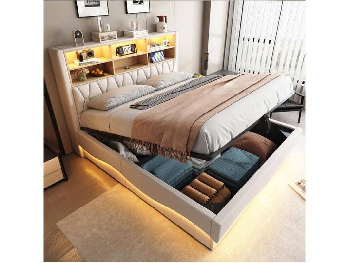 Gepolstertes Bett mit Stauraum – 180 x 200 cm – hydraulischer Stauraum – mit LEDs + USB – Leinen + Metall + Sperrholz + MDF – weiß von Kauf-Unique Marketplace