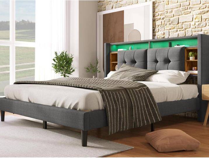 Gepolstertes Doppelbett 160 x 200 cm aus Leinen mit LED und USB-Ladeanschluss – Lattenrost – Grau von Kauf-Unique Marketplace