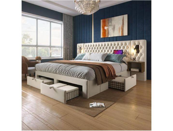 Gepolstertes Doppelbett - 160 x 200 cm - mit 2 Nachttischen + 4 Schubladen + Kopfteillampe - Samt - Beige von Kauf-Unique Marketplace