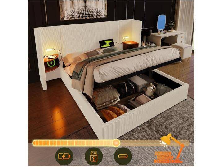 Gepolstertes Doppelbett 160 x 200 cm mit Nachttisch, Lampe und USB-C-Ladefunktion von Kauf-Unique Marketplace